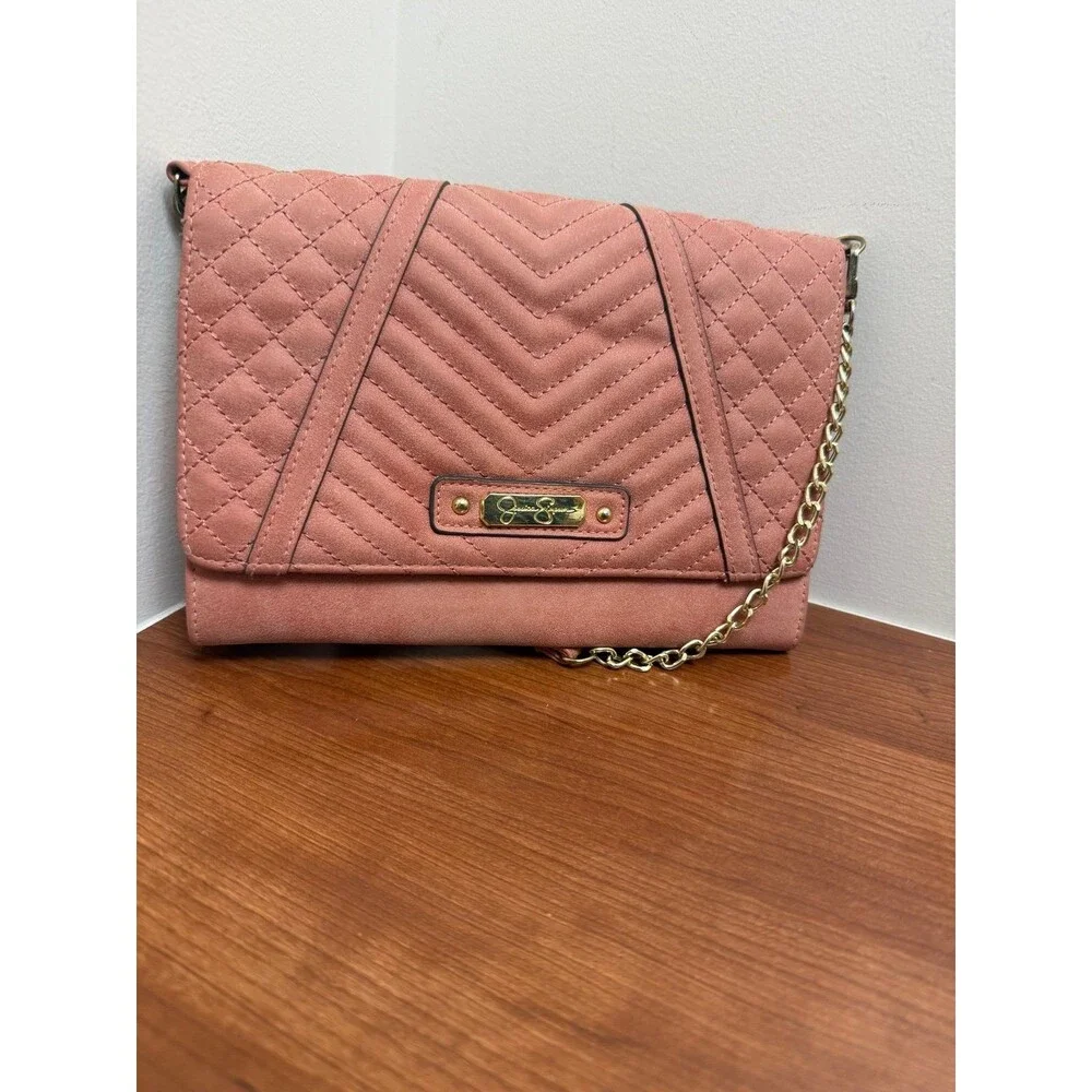 Jessica Simpson Quilted Crossbody Wallet Pink Faux Leather Chain Strap 9x6